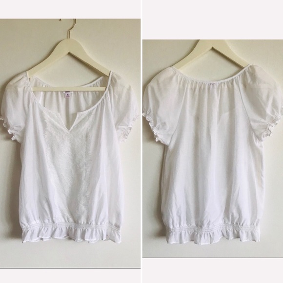 Candies White Blouse Semi Sheer Center Lace Short Elastic Puff Sleeves Top Med. - Picture 2 of 16